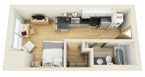 Floor plan for studio, 1 bath, 381 sqft